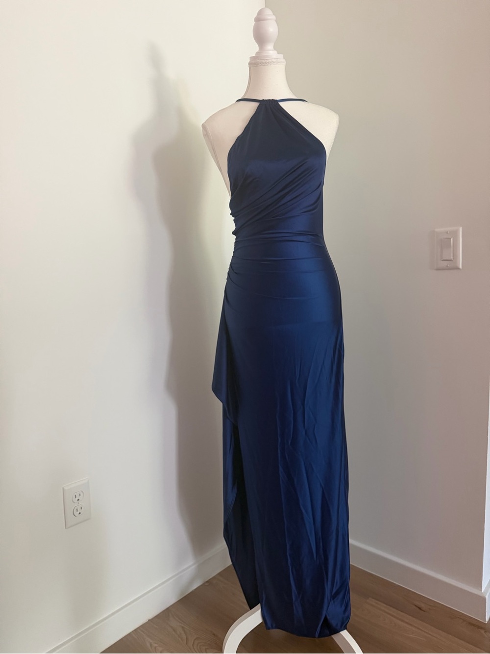 Soft feel stretchy Elegant Navy Halter Evening Gown